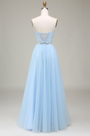 Sparkly Light Blue A-Line Tulle Ball Dress With Appliques